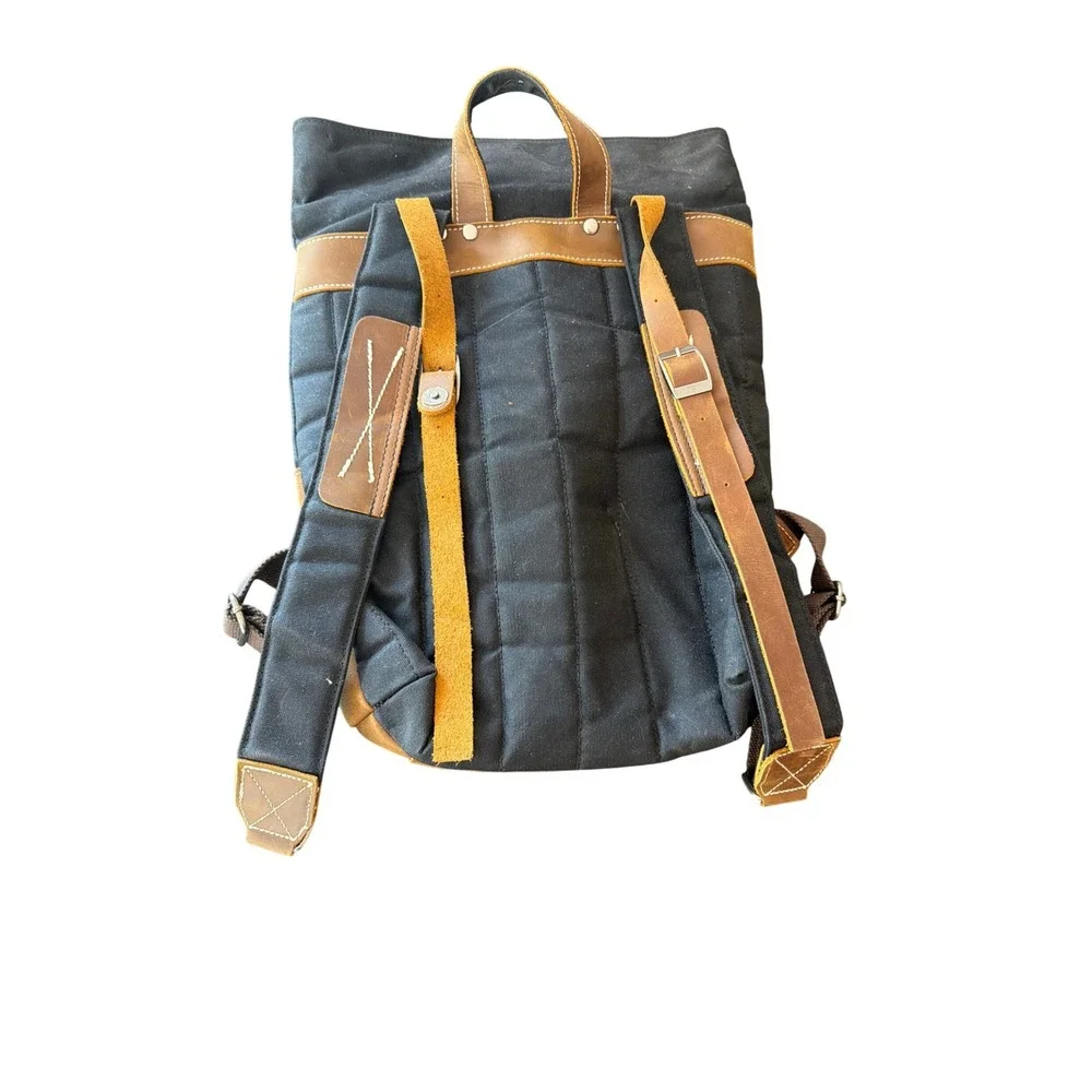 Black Canvas and Brown Leather Rolltop Backpack Rucksack Adjustable Straps